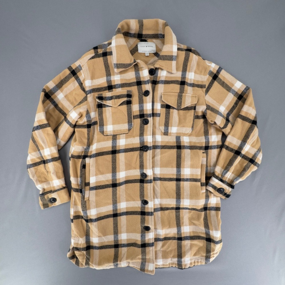 Lucky Brand Womens Tan Black Plaid Cotton Flannel Shirt Jacket Shacket Size M